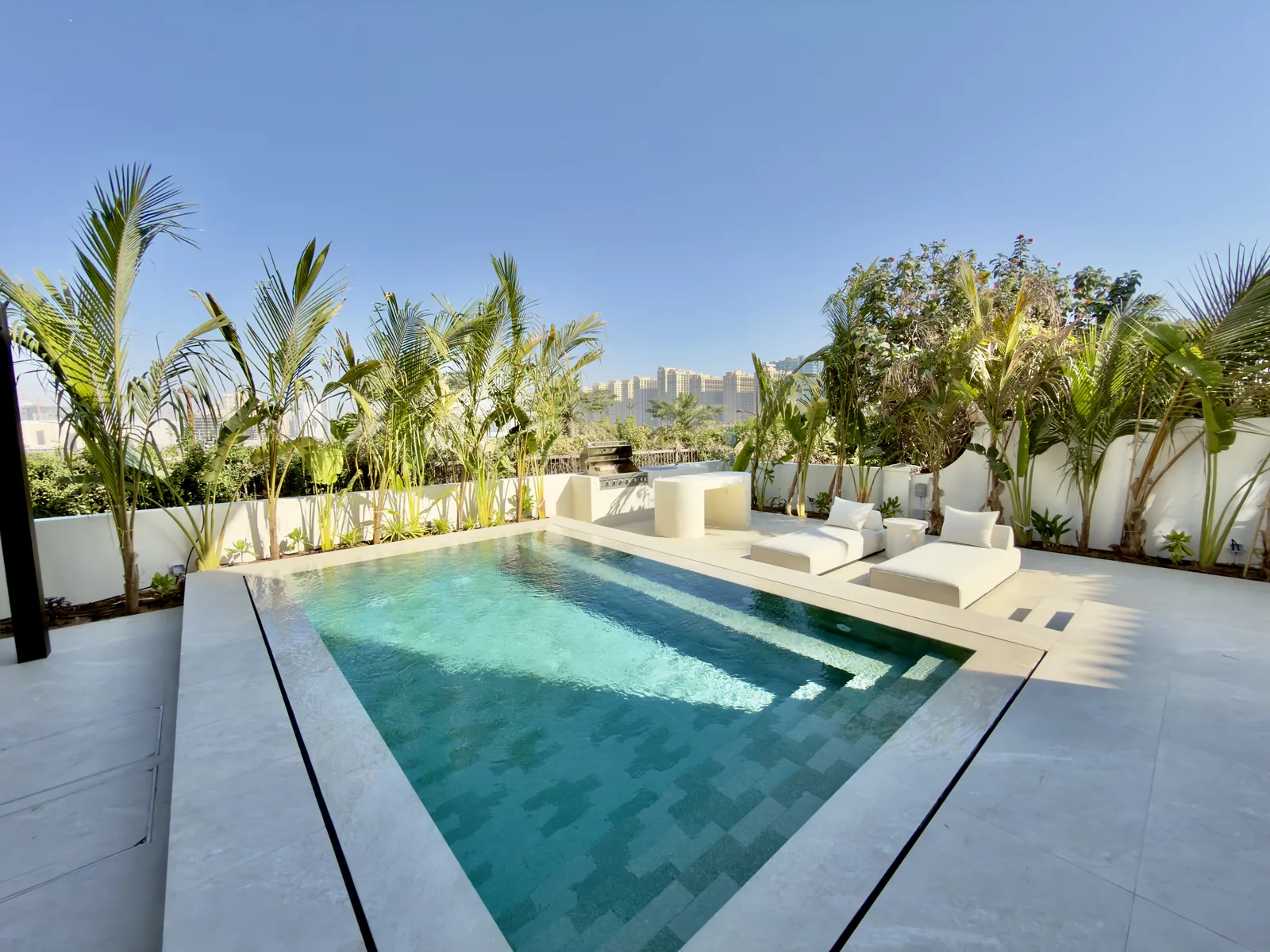 Blue tiled pool with entry steps, palm planting and seating around the water